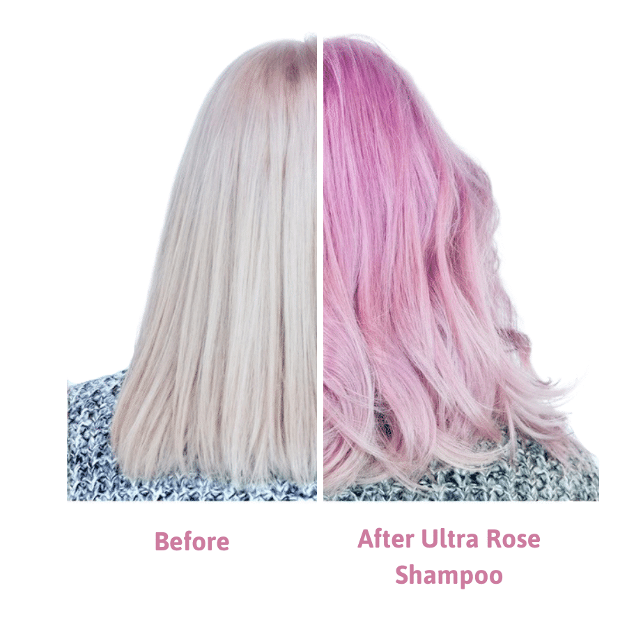 before and after of ultra rose. woman with bleach blonde hair on left with results showing bright pink hair after.