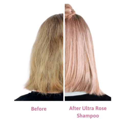 woman with dark blond hair before and after with Ultra rose. After shot shows slight pink to the hair.