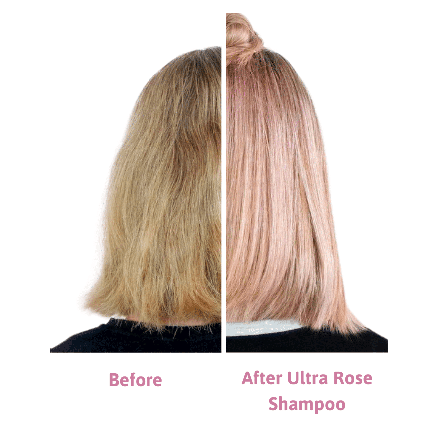 woman with dark blond hair before and after with Ultra rose. After shot shows slight pink to the hair. 