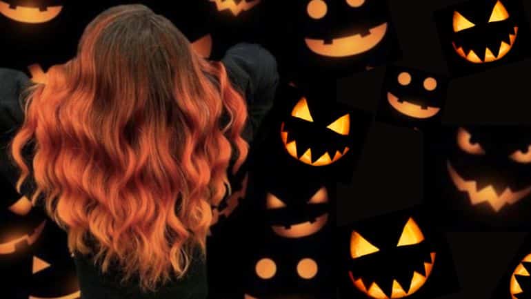 Halloween hair image. Halloween ghoul faces with lady with long, flowy, wavy, copper hair.