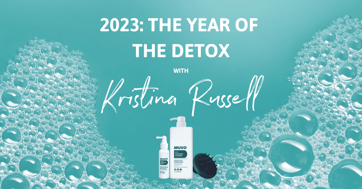 2023: The Year of the Detox in blue sudsy background with MUVO deep cleansing products.