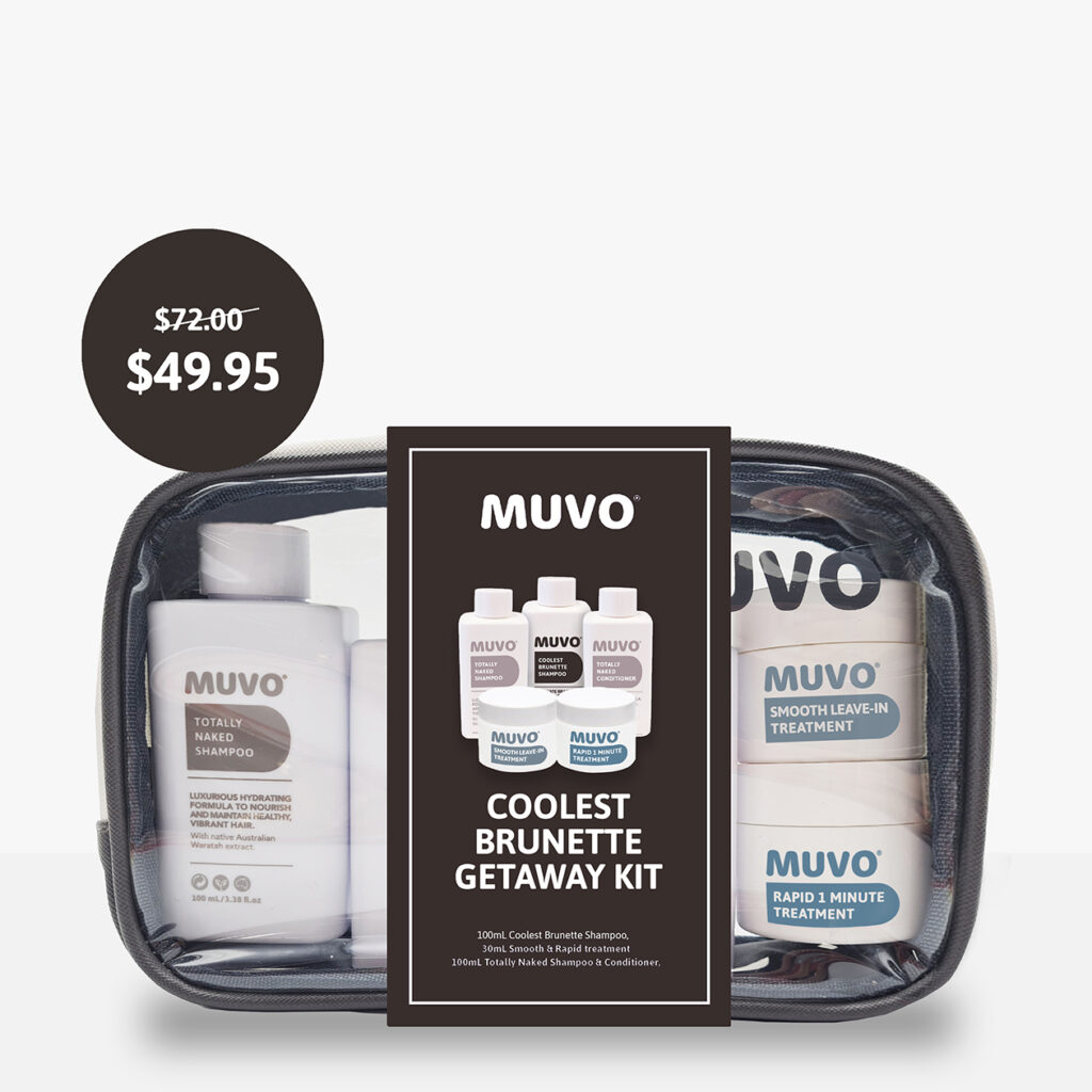 Clear travel case with MUVO products inside and Coolest Brunette cardboard sleeve