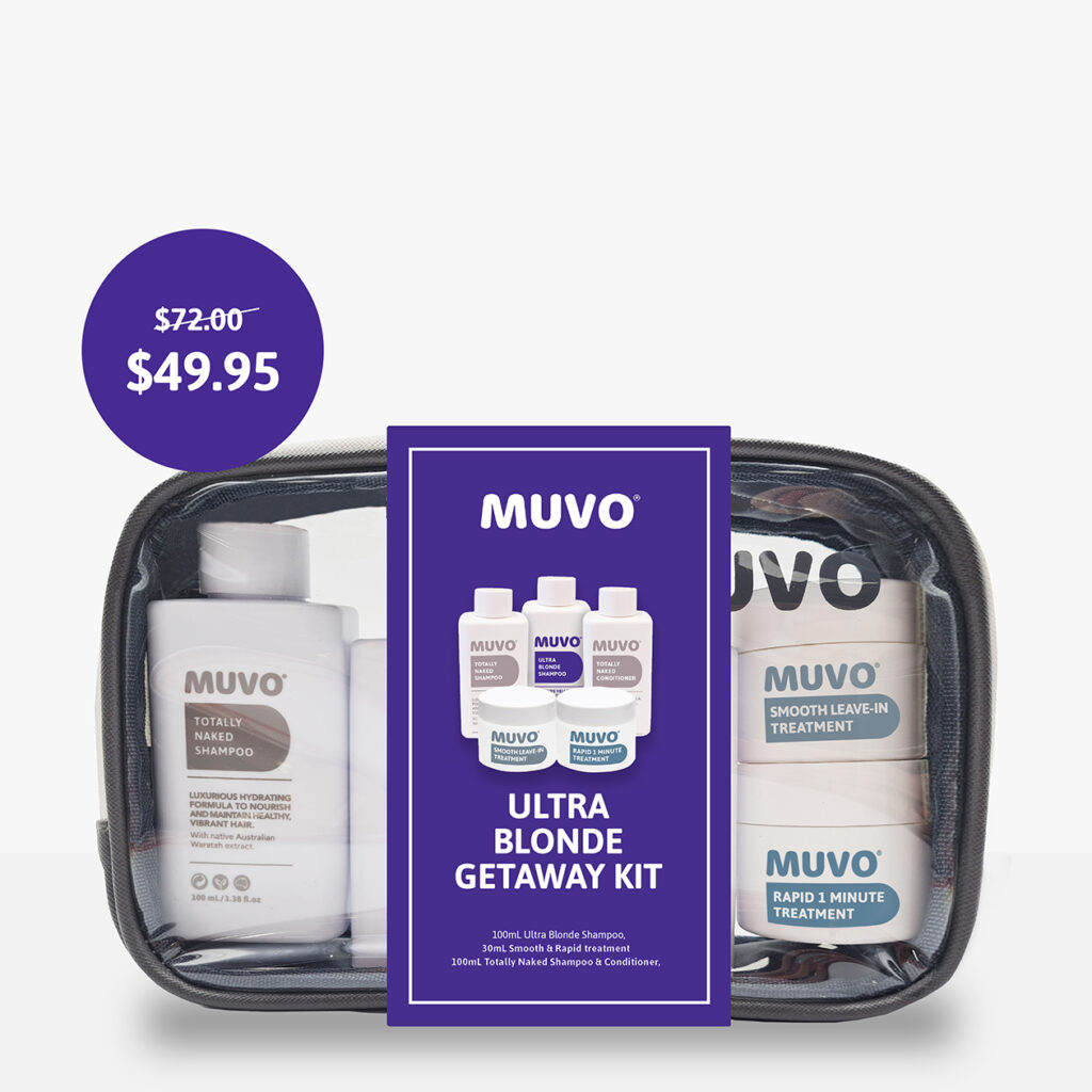 Clear travel case with MUVO products inside and Ultra Blonde cardboard sleeve