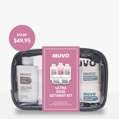 Clear travel case with MUVO products inside and Ultra Rose cardboard sleeve