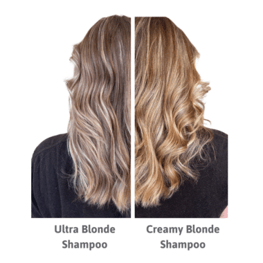 Ultra Blonde and Creamy Bloned Shampoo Result comparison. Left is Ultr Blonde - right is Creamy Blonde