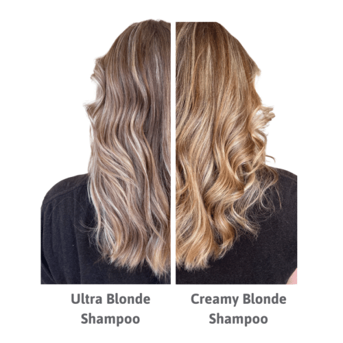 Ultra Blonde and Creamy Bloned Shampoo Result comparison. Left is Ultr Blonde - right is Creamy Blonde